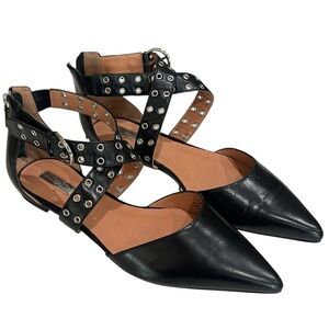 Halogen Olson Leather Cross Ankle Strap Point Toe Flats SZ 12 Black